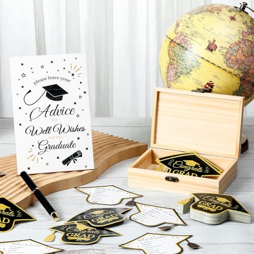 Gersoniel Graduation Advice Cards Class of 2026 Congrats Grad Wood Box Advice and Wishes Wooden Table Sign with Pens 60 Pcs Graduation Games Cards Grad Party Keepsake Decorations for 2026 Graduate