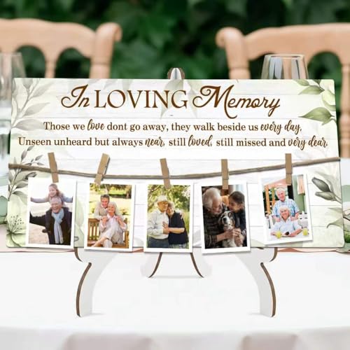 Rustic Wood Memory Table Sign 16 x 8 Inch, In Loving Memory Wedding Sign with Clips, Rustic Wedding Decor for Ceremony and Reception Wooden Memorial Picture Board to Honor Souls-A03 - color: white-leaves