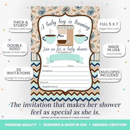 Amanda Creation 20 Baby Shower Invitations with Envelopes – A Baby is Brewing Coffee Themed Fill-In Cards for Baby Boy Sprinkle, 5x7 Blank Invites, Made in USA - style: Coffee