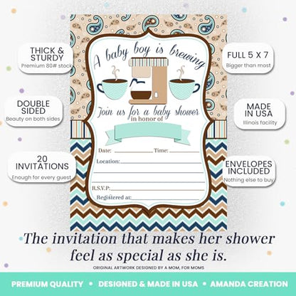 Amanda Creation 20 Baby Shower Invitations with Envelopes – A Baby is Brewing Coffee Themed Fill-In Cards for Baby Boy Sprinkle, 5x7 Blank Invites, Made in USA - style: Coffee