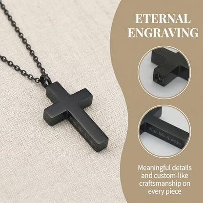 Cross Urn Necklaces For Ashes, Black Cross Ashes Necklace For Men Women, Stainless Steel Memorial Ash Holder Pendant, 'With Me Always' Keepsake Cremation Jewelry With Filling Kit & Velvet Bag