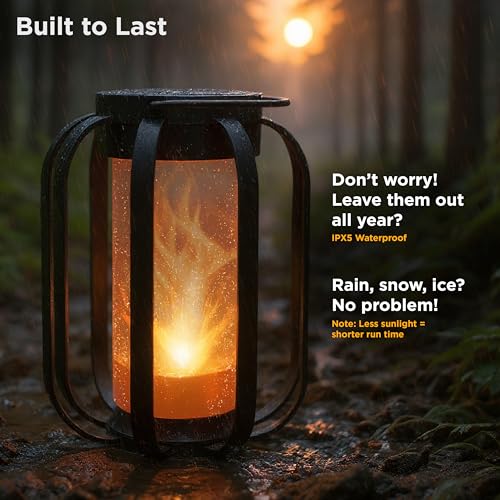 FoxFlame Modern Solar Lanterns Outdoor Waterproof, Patented Fire Effect - style: Modern Flame Lantern