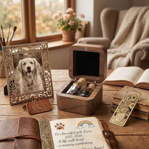 Pet Memorial Keepsake for Loss of Dog or Cat, Wooden Pet Ashes Box with 3 Glass Vials, Pet Remembrance Gift for Hair, Ashes, Teeth – Pet Loss Sympathy Gifts