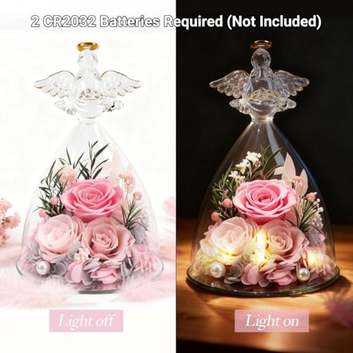 Casaido Mothers Day Rose Gifts for Women, 7" Pink Preserved Roses Flowers in Glass Angel Figurine, Birthday Gift for Mom Wife Grandma, Eternal Rose for Valentines Christmas Anniversary - color: Pink