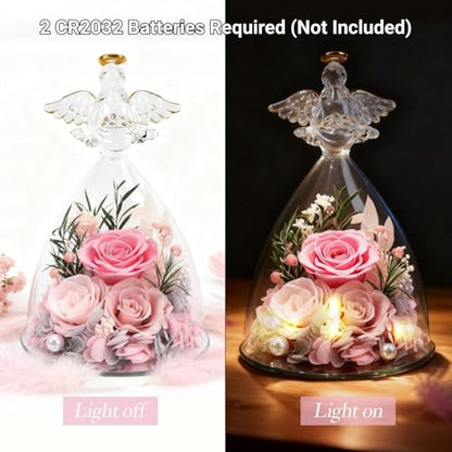Casaido Mothers Day Rose Gifts for Women, 7" Pink Preserved Roses Flowers in Glass Angel Figurine, Birthday Gift for Mom Wife Grandma, Eternal Rose for Valentines Christmas Anniversary - color: Pink