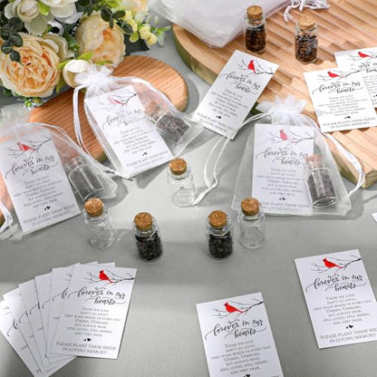 Tanlade 100 Sets Funeral Favors Include Funeral Prayer Card Celebration of Life Card Seed Bag Glass Bottle with Cork Organza Bag for Veterans Memorial Loss of Loved One, No Seed(Cardinal) - style: Cardinal