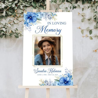 Personalized Photo Funeral Sign - Celebration Of Life Ideas - In Loving Memory Sign - Celebration Of Life Banner - Large Funeral Sign - Funeral Program - Blue Flower Funeral Welcome Sign - Celebration Of Life Poster - Memory Signs For Funeral - color: Mul