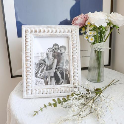 Whitewashed Wood Beaded 5x7 Picture Frame - Farmhouse Style Rustic Photo Frame, Boho Picture Frame as 5 x 7 Photo Frame for Tabletop Display 5x7 Photo - color: White, size: Single 5x7