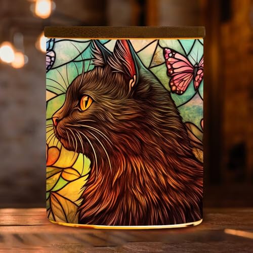 Stained Glass Black Cat Memorial Jar Tealights Flower Candle Holder with Battery Operated Flickering Tea Light, Pet Sympathy Tea Light Holder Light Glass Tealight Holder Gife for Lost Cat - color: Stained Glass Black Cat