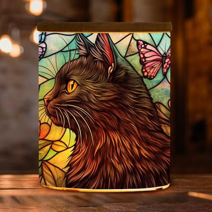 Stained Glass Black Cat Memorial Jar Tealights Flower Candle Holder with Battery Operated Flickering Tea Light, Pet Sympathy Tea Light Holder Light Glass Tealight Holder Gife for Lost Cat - color: Stained Glass Black Cat