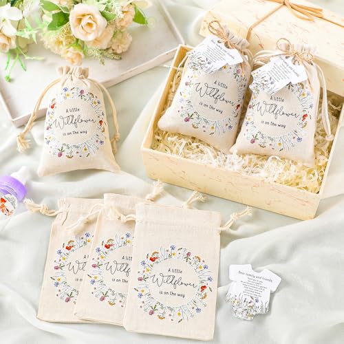 Fumete 25 Sets Wildflower Baby Shower Seed Packets Party Favors for Guests Baby in Bloom Favors Decorations Burlap Bags with Drawstring Thank You Cards and Twine, No Seeds (Wildflower) - style: Wildflower