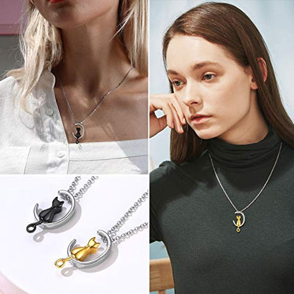 FindChic Personalized Urn Necklaces for Ashes Vertical Bar/Moon Cat/Sand Clock/Dog Claw Pendant Stainless Steel/18K Gold Plated/Black Waterproof Keepsake Cremation Jewelry with Funnel, with Gift Box - color: 2. cat (black)