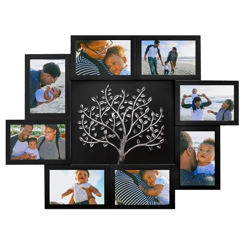 J.M.Deco 8 Opening Collage Picture Frames for Wall Decor, 4x6 Photo Frame with Tree Decor, Family Tree Collage Picture Frame for Wall, Black & Silver - color: Tree/ Black & Silver