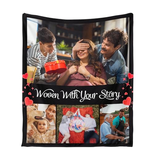 Ships Next Day, Custom Blanket with Photos Text - HD-Printing in USA, Personalized Picture Blanket Customized Flannel Blankets Christmas Birthday Gifts for Mom Dad Couple Kids Girlfriend Boyfriend - color: 4 Photos, size: 60'' x 80''