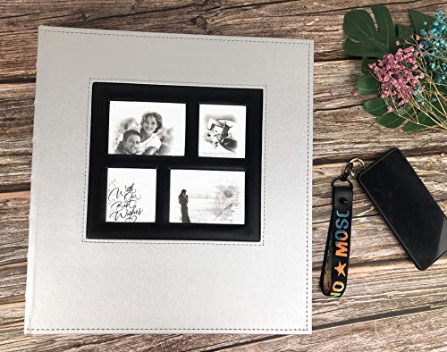 RECUTMS Self Adhesive Photo Album Magnetic Leather Scrapbook 60 Page Silver | Self-Stick Double Sided White Inner Page, DIY Large Albums for All Size Pictures, Cover Window, Birthday Family Wedding Book - color: Silver, size: 13.3''X13.4'' 60Pages-White P