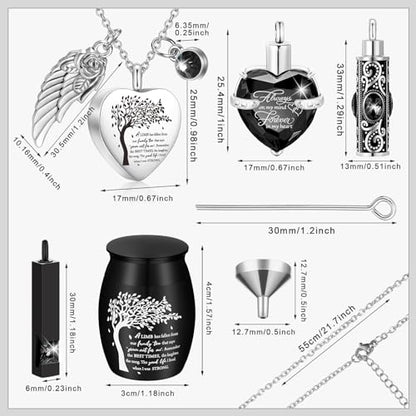 Shimeyao Set of 8 Small Urns for Human Ashes Cremation Urns Keepsake Ash Holders Family Tree Memorial Heart Locket Waterproof for Adults Women Men Loved Ones(Black) - color: Black