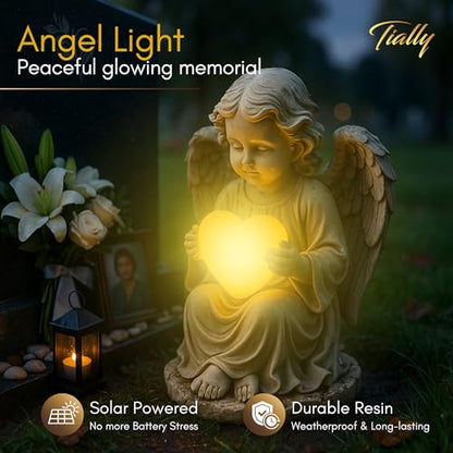 TIALLY Solar Angel Garden Statue with Heart, 12" Memorial Light Up Angel | Glowing Lighted Heart Bright Every Night, Weatherproof Resin Built to Last - a Sympathy Garden Gift for Women, Mom and Dad - size: Large