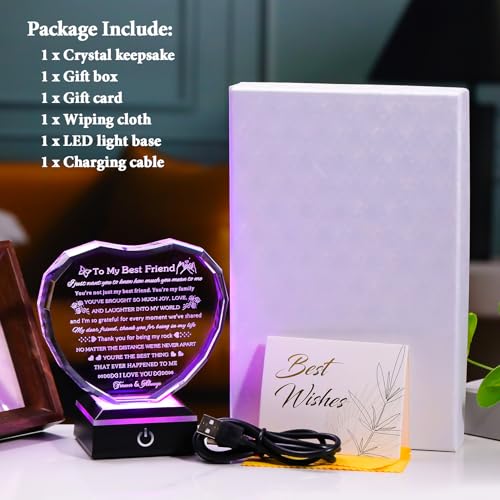 Arikyrist Best Friend Birthday Gifts with LED Base Crystal Heart Friendship BFF Gifts for Women Best Friend Bestie Gift Ideas for Women Gift for Female Friends on Christmas Wedding Valentine's Day - style: Best Friend Gifts + Light Base