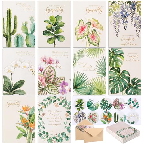 100 Sets Bulk Sympathy Cards with Envelope and Sticker, Greenery | Bulk Condolences Cards for Business, Assorted Bereavement Greeting Cards, Express Your Condolences - style: Greenery