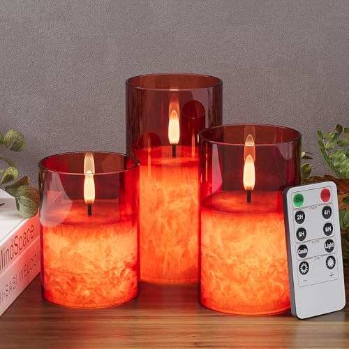 Battery Operated Flameless Candles with Remote & Timer, Red Glass 3Pack - color: Red