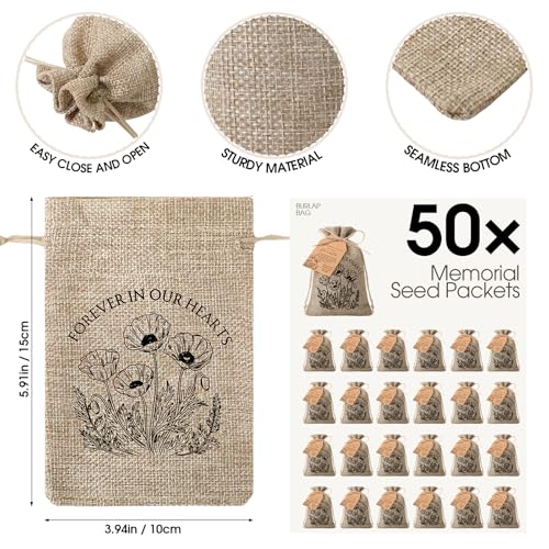 Tanlade 50 Sets Funeral Favor Burlap Bag, Tag and Twine, No Seed, Poppy - style: Poppy