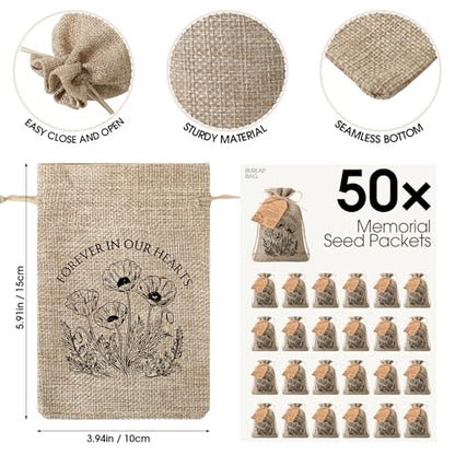 Tanlade 50 Sets Funeral Favor Burlap Bag, Tag and Twine, No Seed, Poppy - style: Poppy