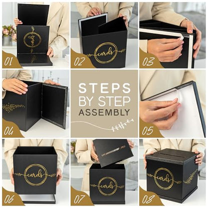Black & Gold Card Box, Large 10x10 Gift Card Box Envelope Holder with Slot | Wedding Reception, Graduation Party, Funeral Memorial, Birthday, Bridal & Baby Shower, Retirement, Donation Basket, Money