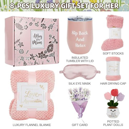 Self Care Gift Basket for Women Pink 7 Piece Set | Soft flannel blanket, silk sleep mask, socks, shower cap, tumbler & gift card. Perfect get well soon, birthday, or mom gifts - color: Pink