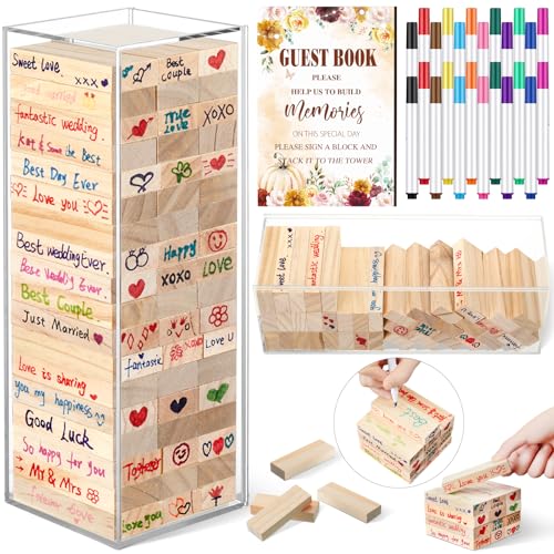 Beeveer 80 Pcs Wedding Guest Book Alternative Wooden Block Guest Book for Wedding Sign in Bridal Shower Decoration 54 Pcs Wooden Block Bridal Shower Game for Sign in, Reception(Pumpkin) - style: Pumpkin
