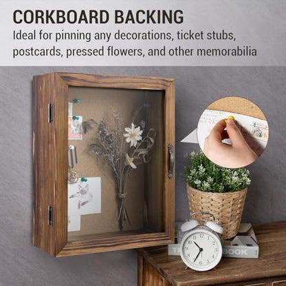 MyGift 11x14 Deep Shadow Box Frame with Cork Board Backing and Acrylic Paneled Cursive Hinged Door, Rustic Burnt Wood Wall Mounted Shadow Box Display Case Cabinet | Cursive Hinged Acrylic Door, Cork Backing, Deep Display Space, Burnt Wood Finish, Keepsake