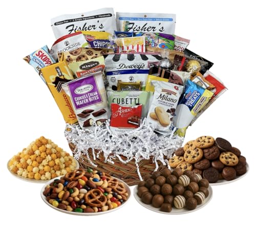 Customizable Gift Basket stuffed with chocolates cookies snacks and candies by MISTERGIFTBASKET.COM Hand-crafted for women men client sympathy birthday thank you holiday (Upgrade: $84.99, Sympathy) - size: Upgrade: $84.99