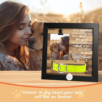 Artisanal Hand-Knitted Heart Dog Memorial Frame with Photo Clip& Collar Holder - Loss of Pet Sympathy Gift, Warm Remembrance for Dogs and Cats - color: Black and gray
