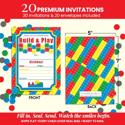 Building Blocks Birthday Party Invitations, 20 5x7 Fill In Cards with Twenty White Envelopes by AmandaCreation - color: Building Blocks
