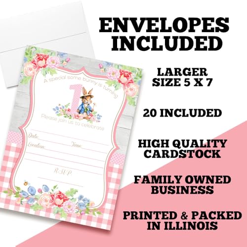 Amanda Creation Little Bunny Rabbit 1st Birthday Party Invites - Adorable Fill In Invitations for Girls Set of 20 5X7 Double Sided Cards with Twenty White Envelopes Kids Party Supplies - style: Little Bunny Rabbit 1st Birthday