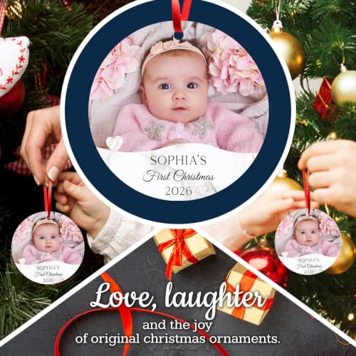 Personalized Baby First Christmas Ornaments Boy/Girl, Custom Photo and Name 2025 Christmas Tree Ornament, Velvet Pouch Included, 3.75" ACM Ornament, Made in The USA - color: Baby Heart