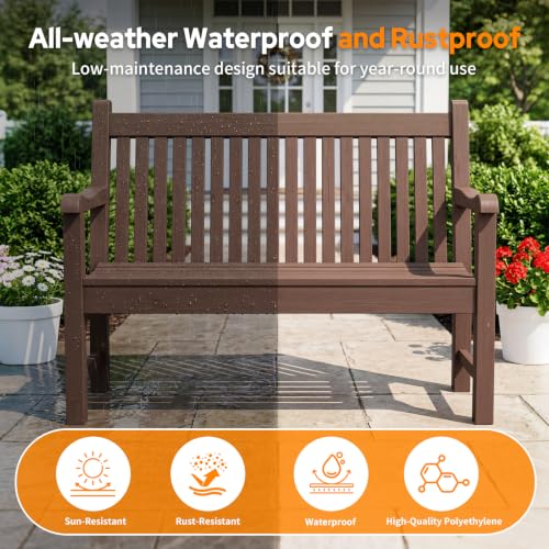 2-Person Outdoor Bench with 700 Lbs Weight Capacity, Brown | Poly Lumber Weatherproof Garden Bench Seating for Porch, Balcony and Park, All-Weather Patio Bench Furniture - color: Brown