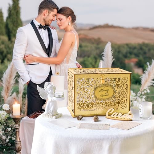 OurWarm Glittery Gold Wedding Card Box with Lock, Wood Gift Card Box for Wedding Reception, Envelope Box for Party Graduation Birthday Baby Shower Decorations - style: Glittery Gold