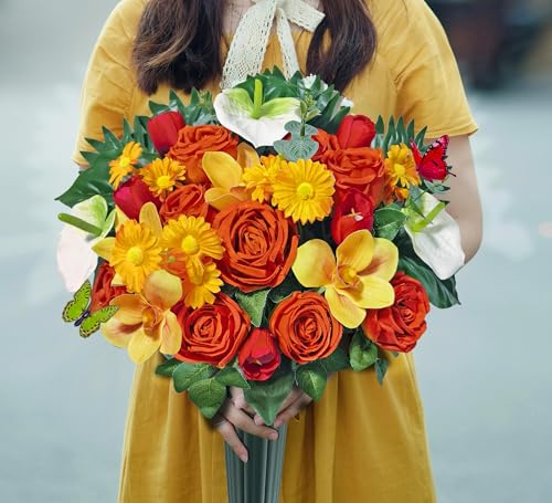 Artificial Cemetery Flowers,Memorial Flowers,Beautiful Arrangements for Headstones,Silk Rose Daisy Cymbidium Spathiphyllum