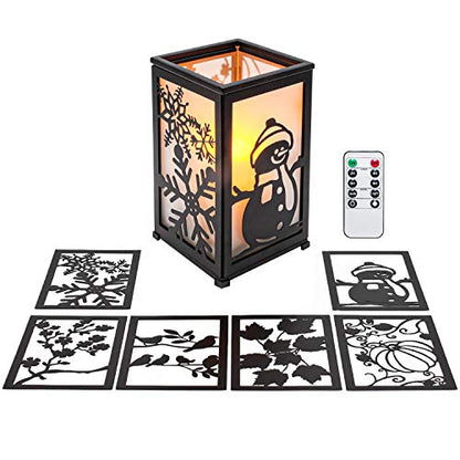 Decorative Led Candle Lantern with Timer Rustic Candle Lantern with Twelve Magnetic Seasonal Themed Panels ,5 x 5 x 8.5" Black