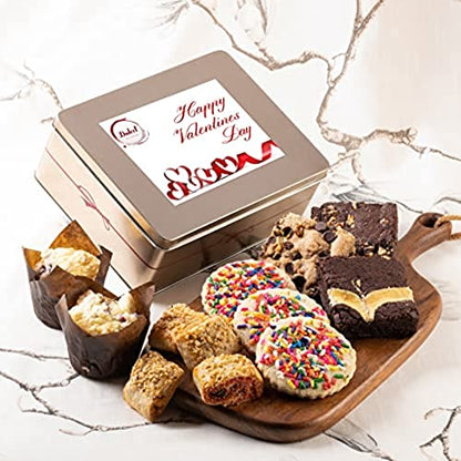Dulcet Gift Baskets Classic Happy Valentine’s Day Baked Cookie & Brownie Gift Tin- Perfect Celebration Gift Card for Women, Her, Mom, Friends, Family, Daughter, Sister or Co-worker - style: Valentine's Day
