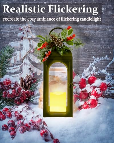 Bdor 16 Inch Black Metal Christmas Lantern with Remote LED Candle and Timer | Removable pinecone and holly greenery, flameless LED candles, remote control, 6-hour timer, tabletop or porch decor