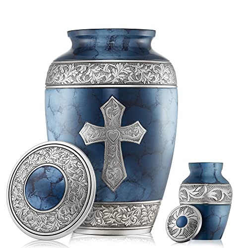 Reminded Set of 5 Engraved Cross Cremation Urns for Human Ashes - 1 Brass Adult + 4 Keepsake Token Size, Blue - color: Blue