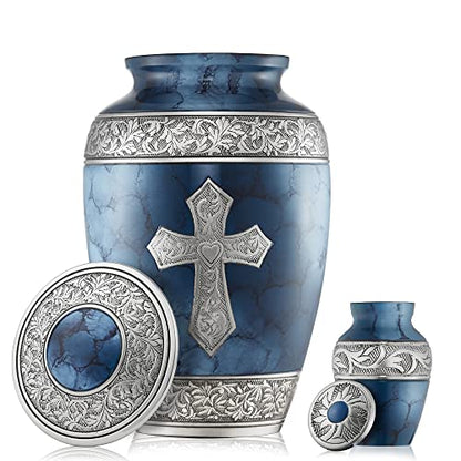 Reminded Set of 5 Engraved Cross Cremation Urns for Human Ashes - 1 Brass Adult + 4 Keepsake Token Size, Blue - color: Blue