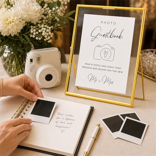 Calculs Photo Guest Book Sign, Gold 8x10 Floating Picture Frame | Double glass metal frame, fits 6x8 insert, photo guest book station, reusable tabletop frame for signs and photos - color: Gold
