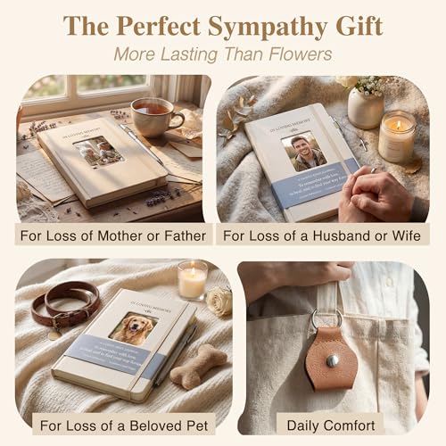 Guided Grief Journal Sympathy Gift Set with Photo Frame Cover | Pocket Hug Coin Keychain & Engraved Pen ,Bereavement, Remembrance, Loss of Loved One, Mother, Father Memorial Gifts (Linen) - style: Guided Grief Journal