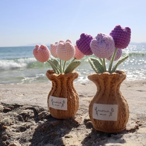 Tulip Crochet Flower Potted Plant Handmade Desk Decor Gift - color: D-tulip-purple