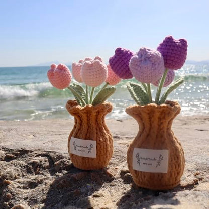 Tulip Crochet Flower Potted Plant Handmade Desk Decor Gift - color: D-tulip-purple