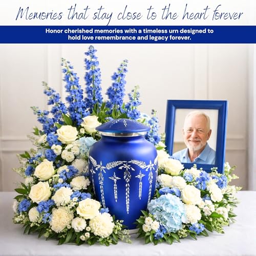 Cremation Urn for Human Ashes Adult (200 lbs) – Blue Large Metal Funeral Urn for Men & Women, Decorative Memorial Urn with Secure Lid
