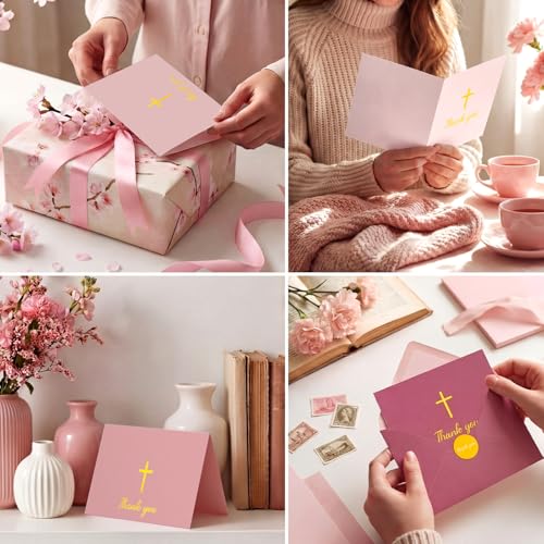Resurhang 30 Pack Baptism Thank You Cards with Envelope and Stickers 4 x 6 Inch Gold Foil Embossed Cross Blank Inside Cards Bulk for Baptism Funeral Baby Shower Party Supplies(Pink) - color: Pink