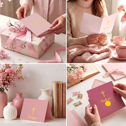 Resurhang 30 Pack Baptism Thank You Cards with Envelope and Stickers 4 x 6 Inch Gold Foil Embossed Cross Blank Inside Cards Bulk for Baptism Funeral Baby Shower Party Supplies(Pink) - color: Pink